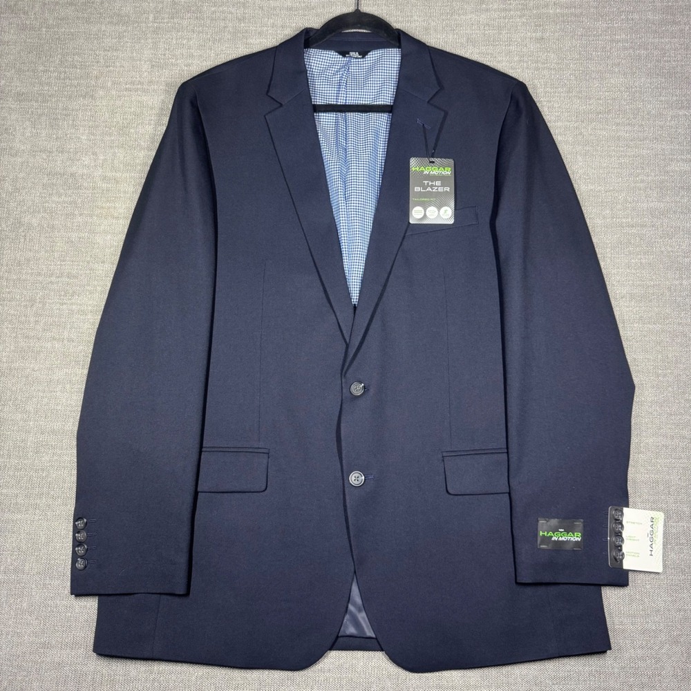 Haggar In Motion The Blazer 46L Navy Blue Tailored Fit Stretch Sport Coat NWT